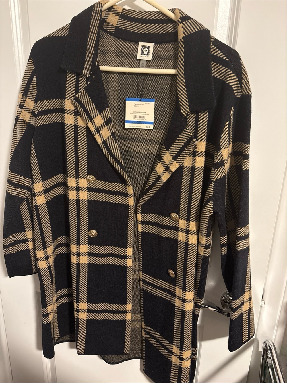 Anne Klein XL NWT 149$ Black & Tan Plaid Coat Cardigan